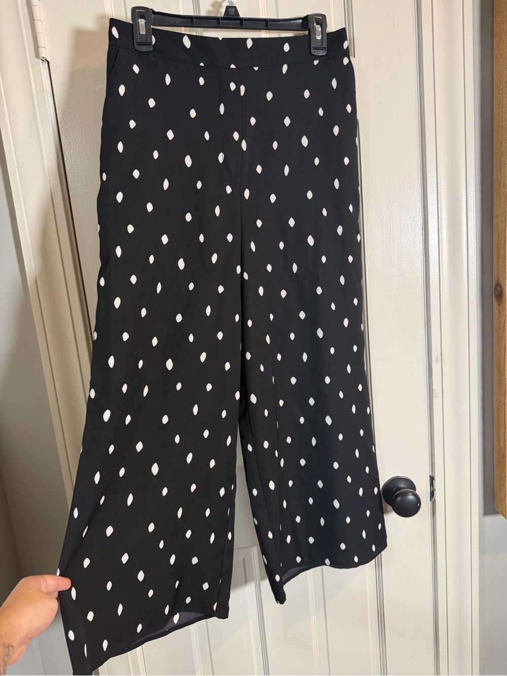 Worthington Black White Polka Dot Wide-Leg Cropped Pants Mid Rise Elastic M